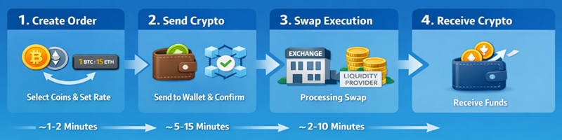 Four-stage crypto swap process from creating an order to receiving funds, with approximate timeframes for each stage